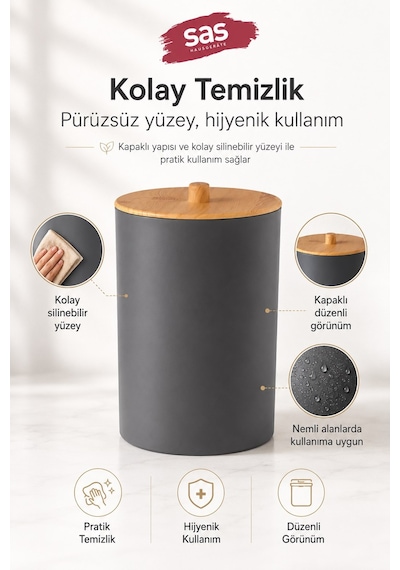 Sas Haus Bambu Desen Kapaklı Plastik Çöp Kovası 7 Litre Antrasit Mutfak Banyo Çöp Kovası Antrasit Gri