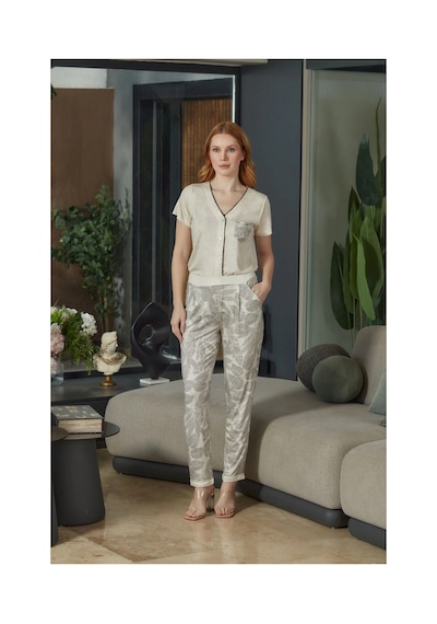 Angbutik Aqua 26602 Kadın Kısa Kol Pijama Takımı Bej