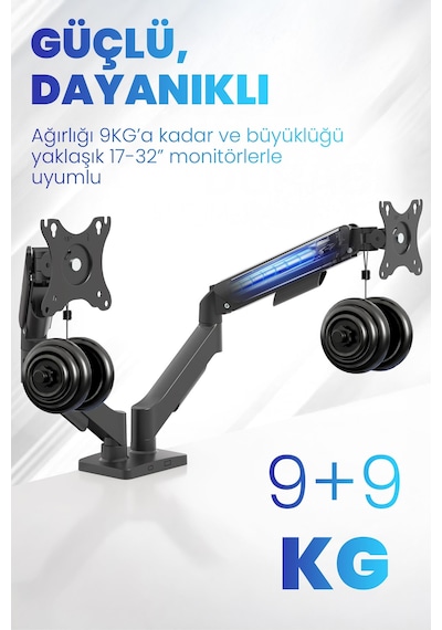 17-32" Çift Kollu Monitör Kolu Vesa Uyumlu Tam Hareketli 9+9 Kg Taşıma Kapasiteli Monitör Standı