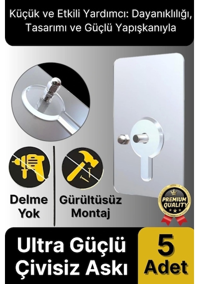 Süper Sağlam İz Bırakmaz Çerçeve Tablo Banyo Mutfak Ultra Güçlü Yapışkanlı Çivisiz Askı 5 Adet Çok Renkli