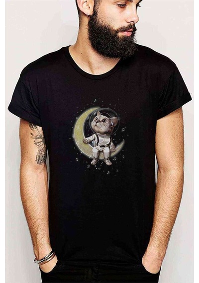 Cat Night Ayda Oturan Sevimli Kedi Baskılı Siyah Erkek Tshirt