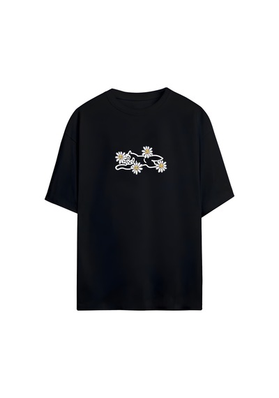 Noıssey Papatya Ve Kedi Tasarımlı Unisex Oversize T-shirt Siyah