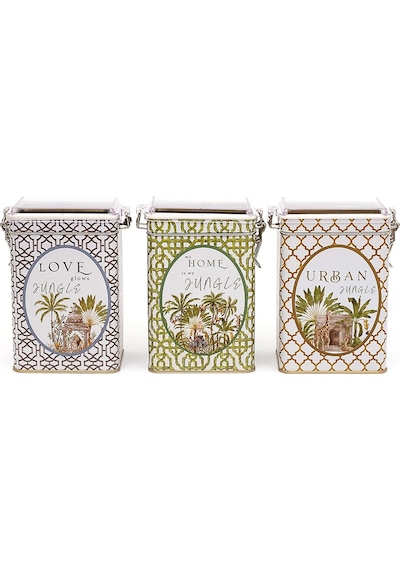 Forrest Desenli Kilitli Kapaklı Dikdörtgen Metal Saklama Kabı 7.5 x 10 x 15 CM 3 Lü Set Çok Renkli