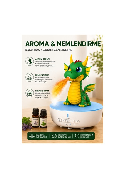 Hava Nemlendirici Buhar Makinesi Ejderha Aroma Difüzörü Beyaz Gürültülü Alev Efektli 7 Renk Led Uzaktan Kumandalı