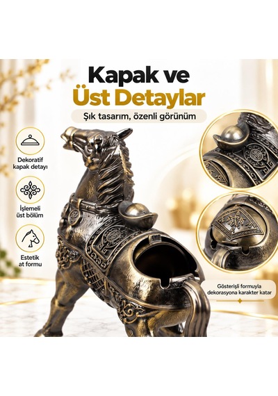 Lüks Alaşım Metal At Figürlü Kapaklı Dekoratif Küllük Ve Takı Saklama Kutusu Metal Biblo 25 X 20 Cm 73066474