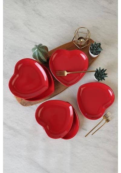 Kırmızı Kalp Pasta Tabağı 20 Cm 6 Adet 506 Çok Renkli
