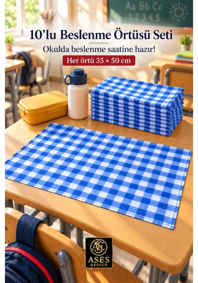 10 Lu Yıkanabilir Beslenme Örtüsü 35x50 Cm Mavi Beyaz Kareli Anaokulu Ve İlkokul