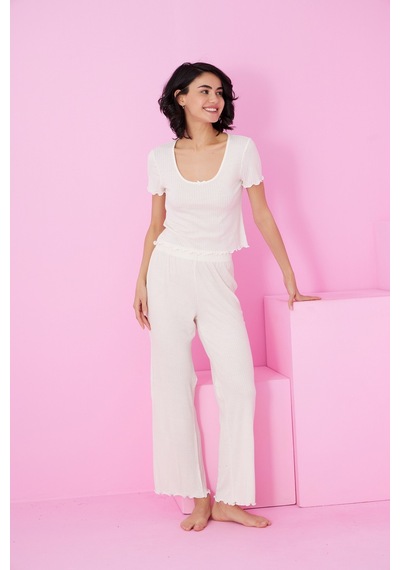 Siyah İnci Soft Touch İnce Mevsimlik Örme Pijama Takım7869 Ekru