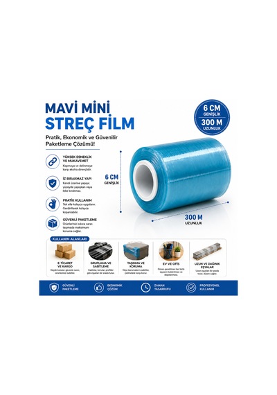 Mavi Mini Streç Film 6 Cm X 300 Metre Ambalaj Ve Paketleme Streçi Rulosu