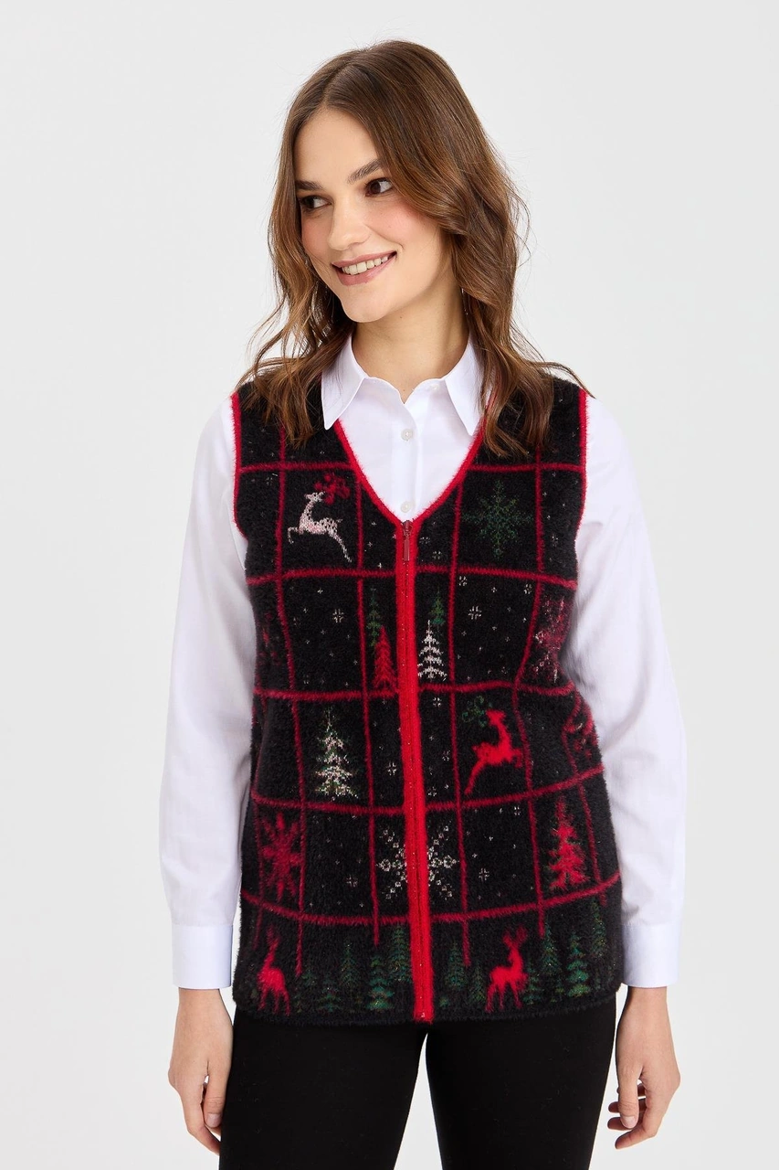 Desen Triko Kadın V Yaka Patchwork Yılbaşı Desenli Yelek Siyah Siyah