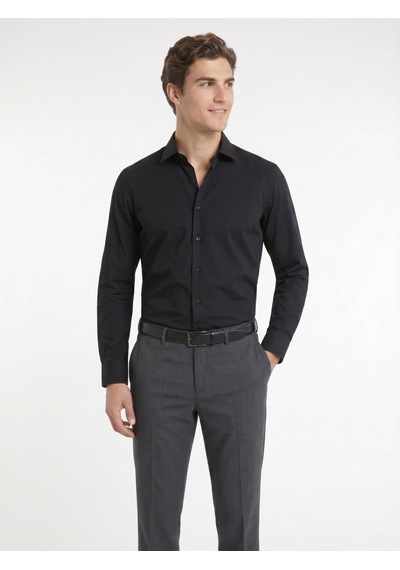 Kip Siyah Regular Fit Uzun Dokuma Casual Pamuk Karışımlı Gömlek