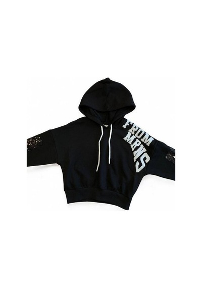 Kız Çocuk Simli Yazılı Kolları Pul Detaylı Crop Sweatshirt-15040 Siyah