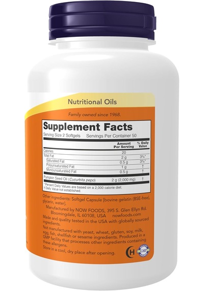 Now Pumpkin Seed Oil 1000 Mg With Essential Fatty Acids And Phytosterols Cold Pressed 100 Softgels
