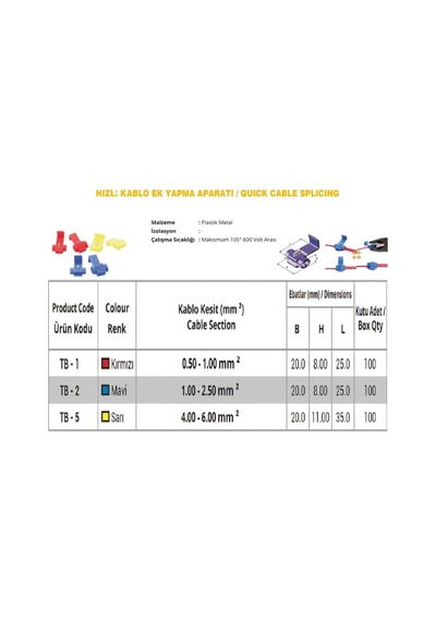 Tb-5 4.0-6.0mm2 Hızlı Kablo Ek Yapma Aparatı Sarı 100 Adet