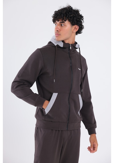 Rowinger Modal Kumaş Kapüşonlu Fermuarlı Kontrast Detaylı Erkek Sweatshirt Brown
