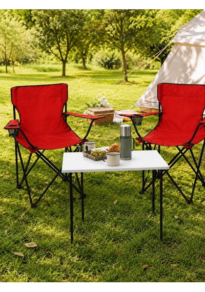 2 Sandalyeli Katlanır Kamp Masa Sandalye Seti 60x45 Cm 3 Parça Beyaz-kırmızı