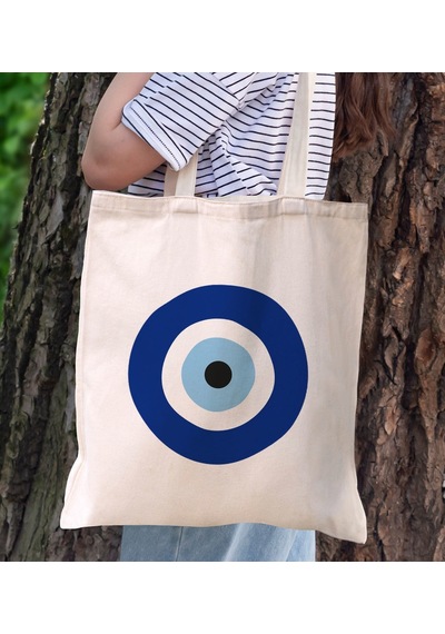 Bk Gift Nazar Boncuğu Tasarımlı Kanvas Bez Çanta, Baskılı Omuz Çantası, Alışveriş Çantası, Plaj Çantası, Arkadaşa Hediye-3 Sarı