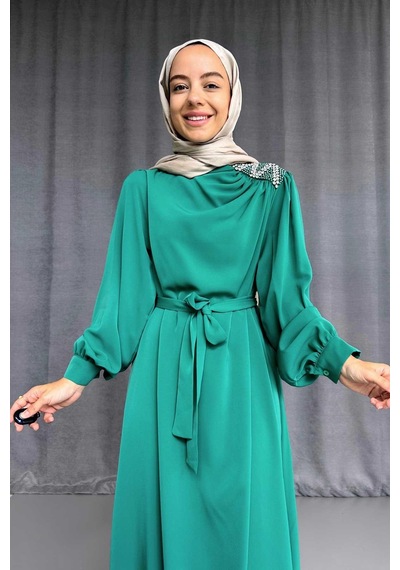 Kahijab Omzu Taşlı Abiye - Yeşil