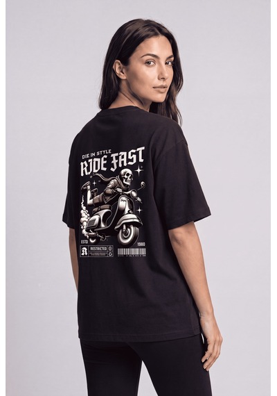 Black Nova Oversize Baskılı Unisex %100 Pamuk T-shirt Ride Fast Siyah