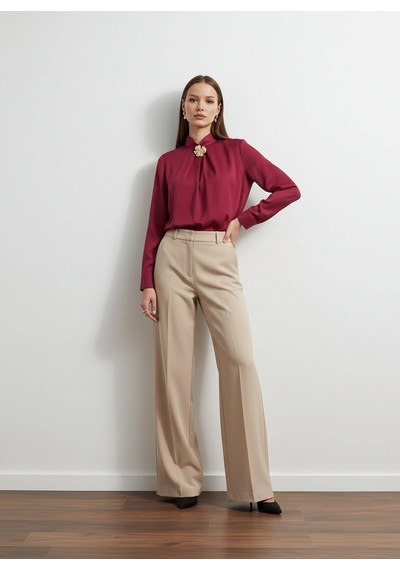 Pera Moda Gold Broş Detaylı Şık Bluz Gömlek Bordo