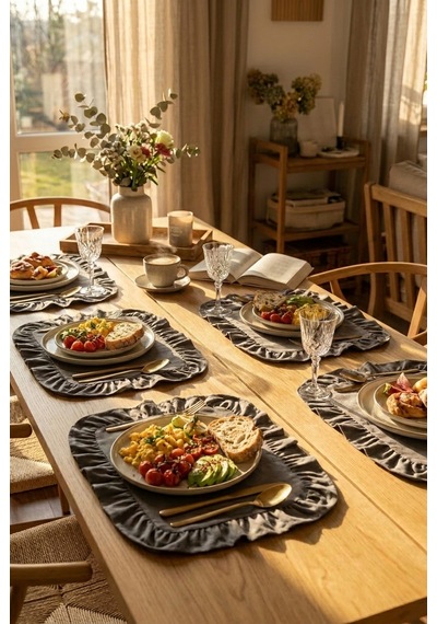 Pamuklu Fırfırlı Kare Supla 6'lı Set Amerikan Servis 33 Cm Supla Gri