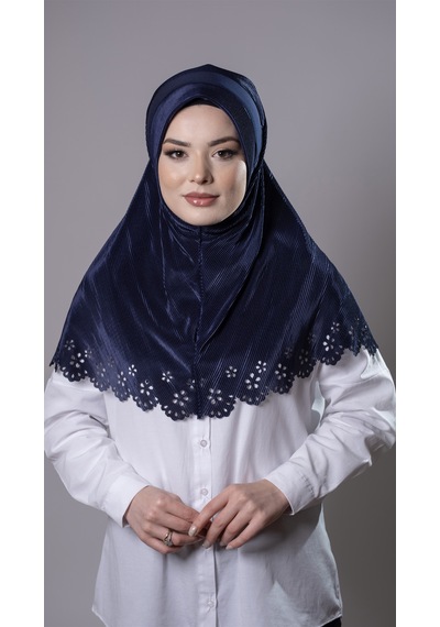 Hürrem Bone Lacivert Pratik Hazır Geçmeli Tesettür Eşarp Fukuro Kumaş Piliseli Çiçek Desenli Lazer Kesim 1829 02