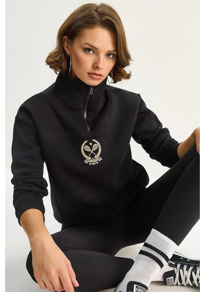 Shade Kadın Dik Yaka Yarım Fermuarlı İçi Polarlı Crop Sweatshirt 1808 60283713 - Siyah