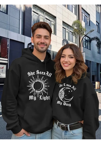 Nevermind Sevgili Kombini Oversize Hoodie Güneş Ve Ay Baskılı 3 İplik Uni Siyah