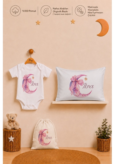 Pia Baby İsme Özel Kız Bebek Hediyesi %100 Pamuk Organik Baskılı Body Yastık Kılıfı Ve Ham Bez Kıyafet Kesesi 1068byk3x Ekru