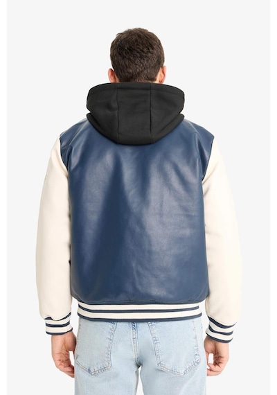 Defacto Regular Fit Kolej Yaka Çıkarılabilir Kapüşonlu Çıtçıtlı Suni Deri Bomber Mont E9972ax25aunv64 Lacivert