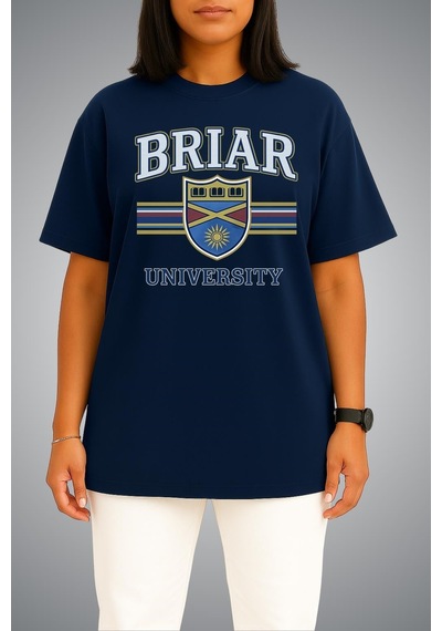 Bahriyeli Collection Oversize Off Campus Briar University Göğüs Baskılı Beyaz Unisex T-shirt Lacivert