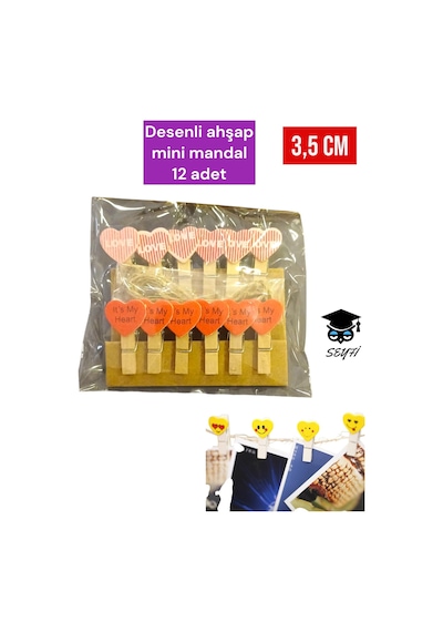 Desenli Ahşap Mini Mandal 12 Adet 3,5 Cm Süsleme Mandalı