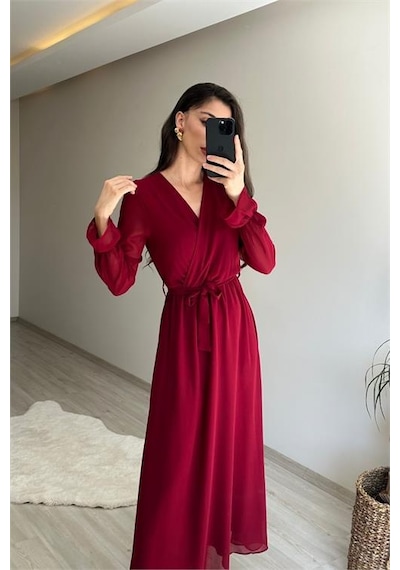 Neşeli Butik Kadın Uzun Kollu Kuşaklı Maxi Şifon Elbise Nm001 Bordo