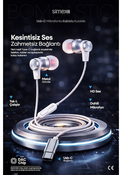 Simex İphone 17-16-15 Serileri Uyumlu Tak Çalıştır - İphone Samsung Redmi Type-c Kablolu Kulaklık Spd-04 Diğer