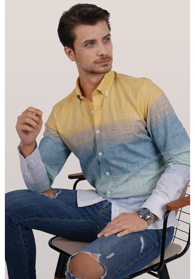 Panolu Sarı Yeşil Geçişli Slimfit Keten Erkek Gömlek Sarı