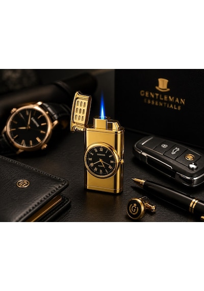 Premium Saatli Ledli Metal Çakmak Özel Lüks Çakmak Prestij Hediye Dolu Gönderim Gold