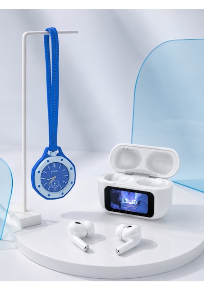 Dokunmatik Kablosuz Kulaklık + Mavi Askılı Analog Charm Saat İkili Set Altın