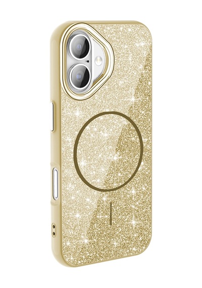 Apple Uyumlu iPad iPhone 16 Plus Kılıf M-safe Şarj Özellikli Parlayan Simli Zore Okso Kapak Gold