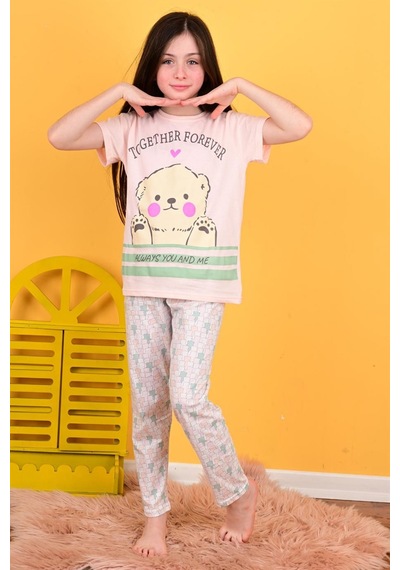 Kız Çocuk Kısa Kollu Pijama Takımı Together Forever Somon SOMON