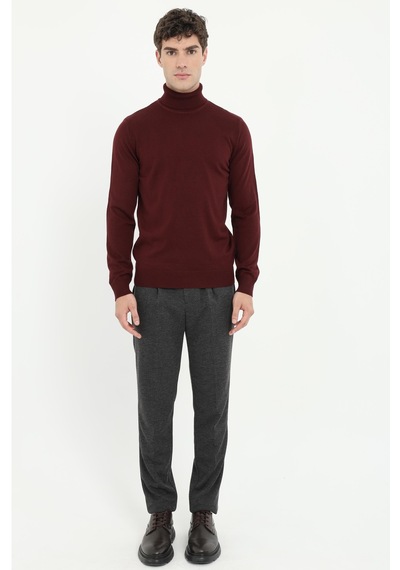 Dufy Erkek Slim Fit Tam Balıkçı Yaka Bordo Triko-16904