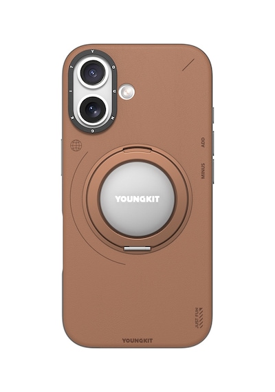 Apple Uyumlu iPhone 17 Kılıf M-safeli 360 Standlı Basit Mat Deri Desenli Youngkit Tech Leather Kapak Kahverengi Kahverengi