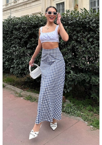 Madmext Lacivert Pötikareli Midi Boy Kadın Etek Mg2360 Lacivert