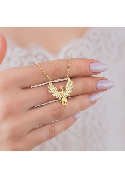 İndigo Takı Işıklı Kutuda Anka Kuşu Altın Kaplama Gümüş Kolye Gold
