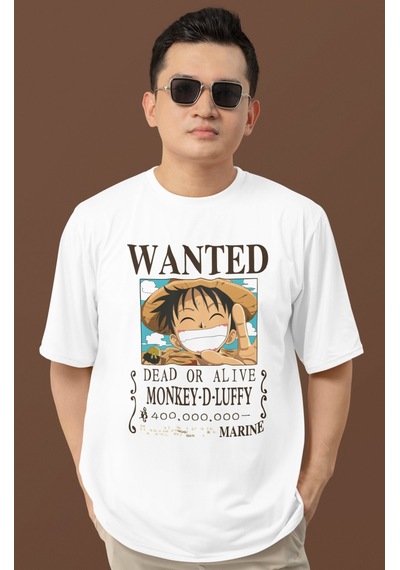 Sevbano Wanted Monkey D. Luffy Dead Or Alive Baskılı Unisex Oversize Anim Beyaz
