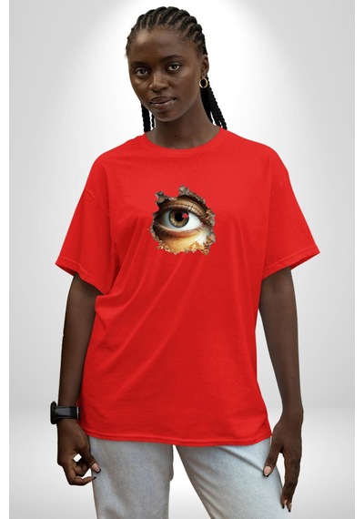 Duvardan Biri Bizi Gözetliyor Pamuklu Bisiklet Yaka Unisex Oversize Boyfriend Dijital Baskılı Kırmızı T-shirt Kırmızı