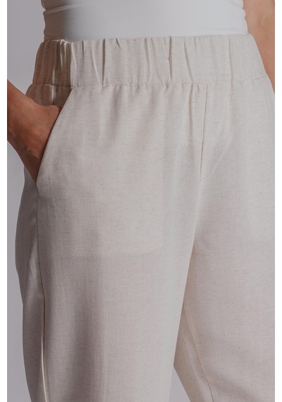 Braccas Kadın Keten Karışımlı Yandan Cepli Beli Lastikli Relaxed Fit Pantolon Naturel Naturel