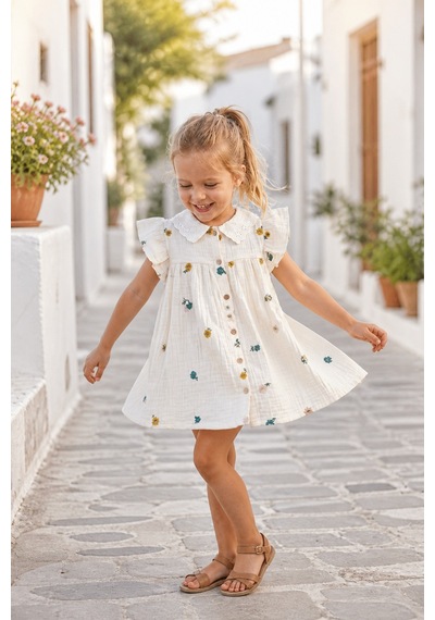 Eray Alp Kids Kız Çocuk Bej Çiçekli Müslin Elbise Yazlık Günlük Model