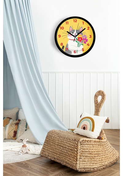 Sevimli Kedi Çocuk Odası Duvar Saati - 25cm - Önü Camlı Siyah Kasa - Sessiz Mekanizma-jh1125 Siyah