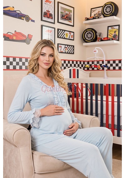 Lady Bebe Mavi Renkli, Dantel Detaylı, 33208 Uzun Kol, 2 Parça Lohusa Hamile Pijama Takımı Açık Mavi