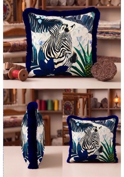 Egzotik Safari Zebra Desenli Saçaklı Yastık Kılıfı - Bohem Yeşil Lacivert Püsküllü Kırlent Kılıfı Krem